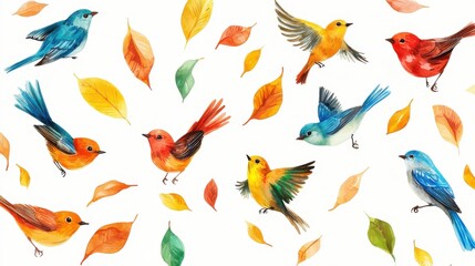 A vibrant watercolor illustration of colorful birds surrounded by autumn leaves, capturing the essence of nature and seasonal change.