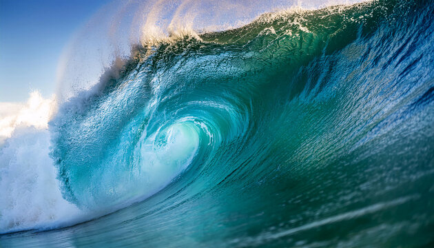 A powerful ocean wave curls and crashes