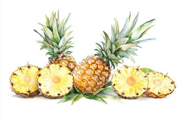 A vibrant watercolor illustration of fresh pineapples and their slices, showcasing their juicy texture and tropical appeal.