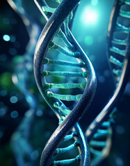 Glowing blue DNA double helix, illuminated by a spotlight