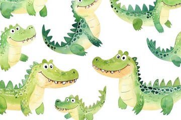 A whimsical pattern featuring cartoon alligators in vibrant greens, ideal for children's decor and playful designs.