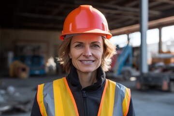 Smiling portrait of a middle aged businesswoman on construction site