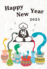 2025年　年賀状用はがきテンプレート　干支のヘビがたくさんの壺から出てくるポップなイラスト入り