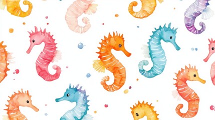 Fototapeta premium Colorful watercolor seahorses in various shades swimming against a white background, ideal for marine-themed designs.