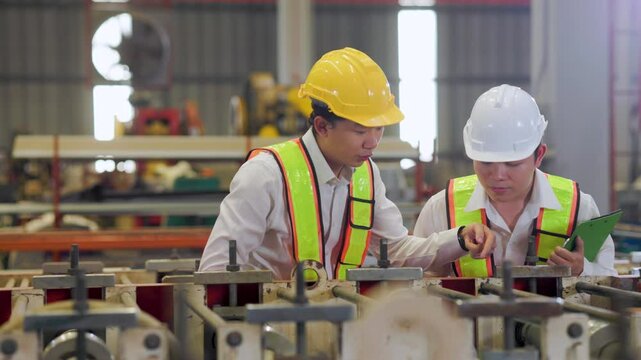 Slowmotion Asian man team engineer worker working control sheet metal roof tile roll forming machine at metal sheet profiling factory. Industrial production. Unity and teamwork