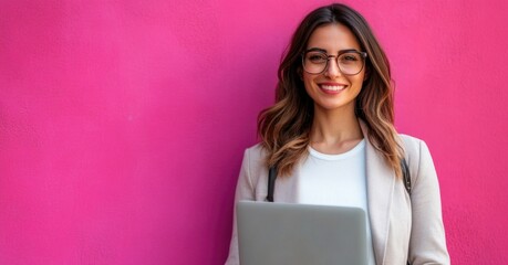 Photo of shiny adorable mature woman wear formal shirt spectacles typing modern device isolated grey color background