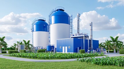 Fototapeta premium Providing sustainable energy and eco-friendly technology, this biogas plant resides in a lush green field.