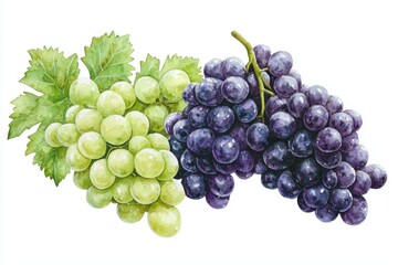 Fototapeta premium Fresh green and purple grapes intertwined with vibrant leaves, perfect for healthy recipes and artistic presentations.
