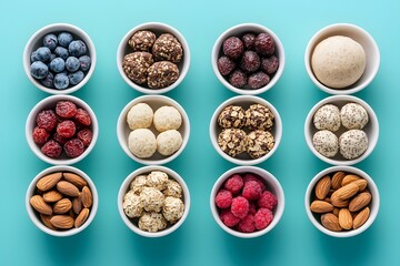 Obraz premium Healthy Snacks: Energy Bites, Nuts, and Dried Fruit – Nutritious Snack Ideas, On-the-Go Energy Boost, and Wholesome Food Options