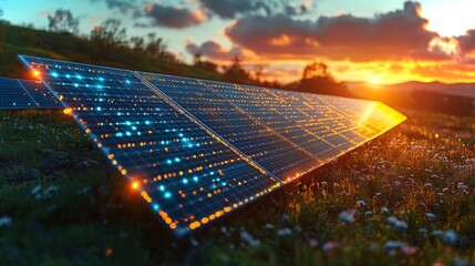 Solar panels installed on a green hill during a vibrant sunset with colorful clouds above