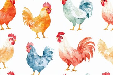 Vibrant watercolor chickens in various colors and poses against a white background, perfect for farm-themed designs.