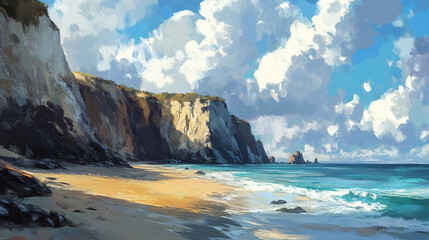 Illustration of a painted beach with cliffs and vibrant colors