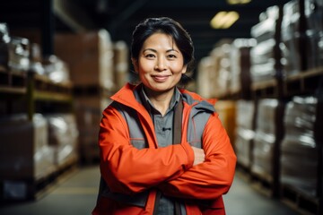 Obraz premium Portrait of a joyful middle aged female warehouse worker