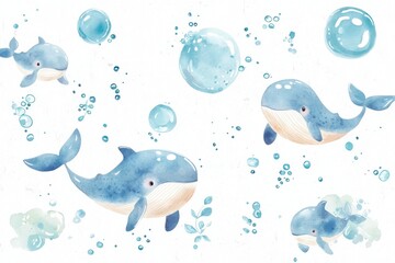 Whimsical watercolor illustration of cheerful whales swimming amidst bubbles in a serene underwater setting.