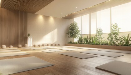 Fototapeta premium Serene Yoga Space with Natural Light and Greenery Perfect for Tranquility and Relaxation in a Modern Wooden Interior Design