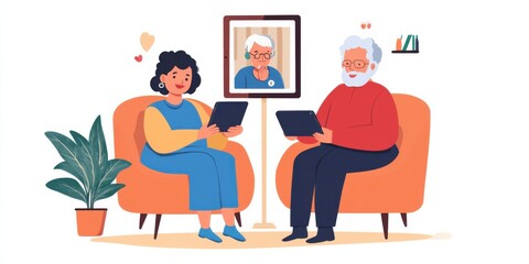Elderly couple using a tablet for video calls with family, simple and inclusive tech,