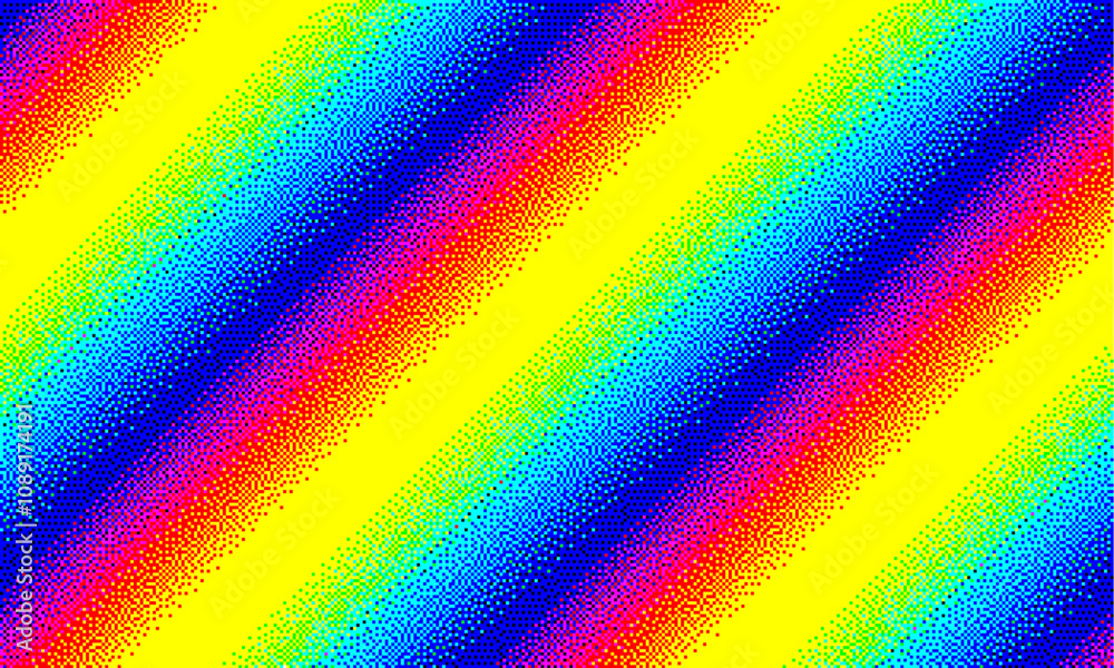 Leinwandbilder Pixelated rainbow holographic diagonal gradient background with dithering effect. Colorful pixel art mosaic texture. Vintage retro video game background. Vector