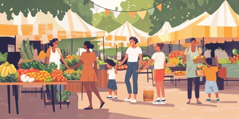 Family attending a multicultural farmers market, trying different foods, vibrant and inclusive,