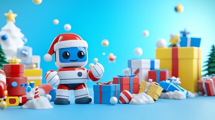 Naklejka premium Automated gift wrapping by robots in Santa hats, symbolizing holiday innovation in tech.