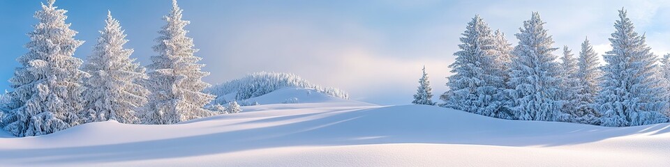 Snow-covered landscape with trees under blue sky