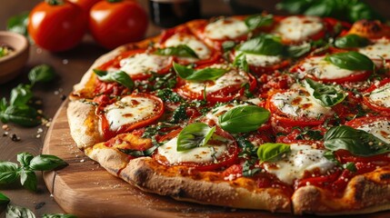 Classic Margherita Pizza Featuring Plump Tomatoes, Fresh Mozzarella, and Basil on a Wooden Serving Board Surrounded by Fresh Ingredients and Natural Light