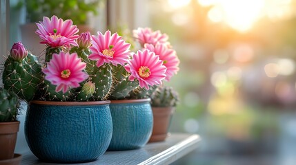 Colorful potted cacti with blooming pink flowers arranged on a windowsill. Bright and cheerful atmosphere with sunlight streaming through the window