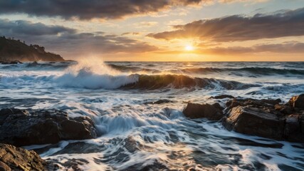 Fototapeta premium Waves crashing against rocky shore at sunrise 