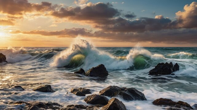Waves crashing against rocky shore at sunrise 
