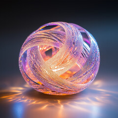 Intricate glass and holographic abstract 3D shape with vibrant, warm colors; highly detailed design with glowing reflections that enhance an enchanting, ethereal look.

