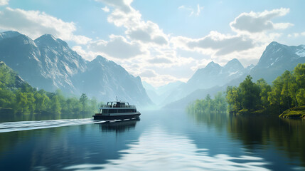 An electric ferry crossing a calm lake, surrounded by towering mountains and bright green trees. Cinematic Scene, 4k resolution, cinematic scene