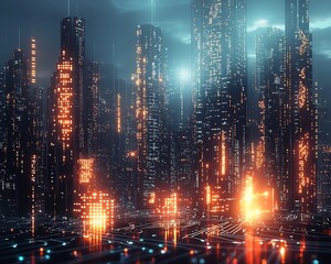 Fototapeta premium Futuristic Cityscape Constructed from Glowing Microchips Symbolizing Technology s in Urban Life