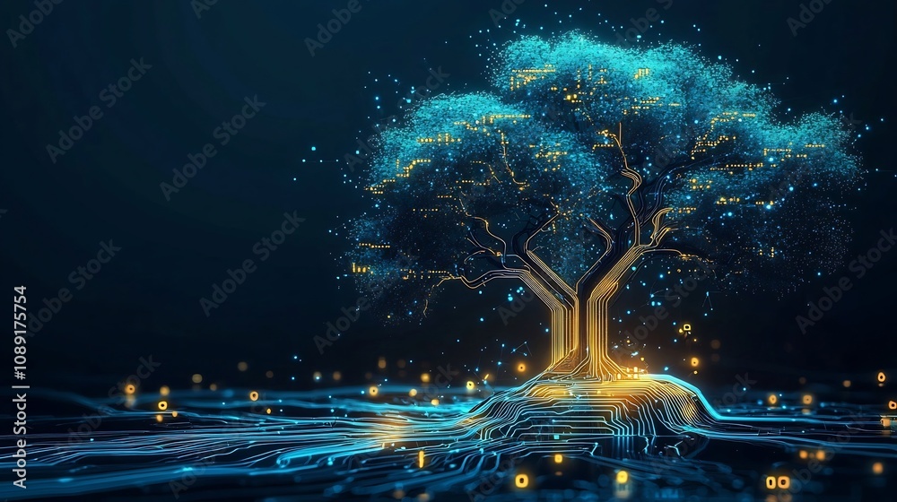 Aufkleber glowing digital tree with circuitry and data streams symbolizing technological growth and knowledge