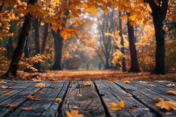 Autumnal Forest Path with Wooden Planks