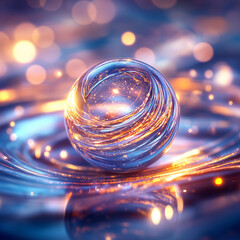 A high-detail 3D render of an abstract holographic glass shape, with vibrant, rich colors and soft light reflections; warm and enchanting atmosphere, capturing a mesmerizing visual effect