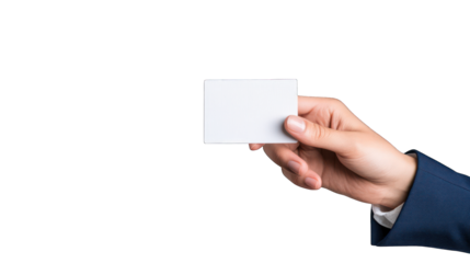 A hand holding a blank card for presentation or business purposes. Transparent background.