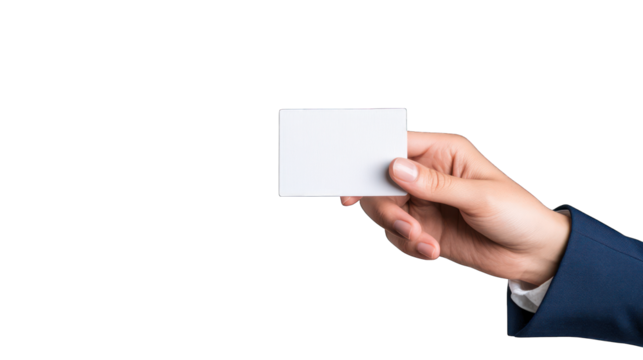 A hand holding a blank card for presentation or business purposes. Transparent background.