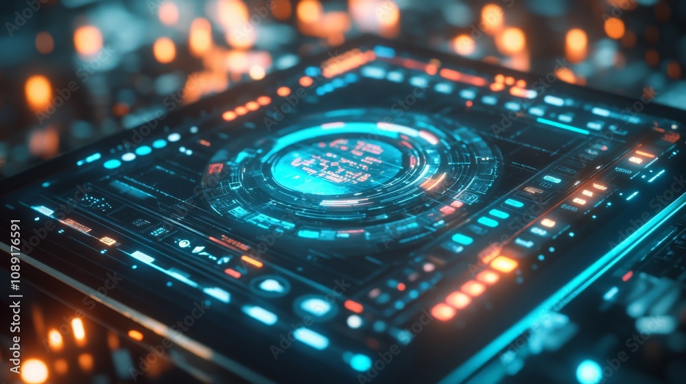 Poster A digital interface with glowing blue and orange lights. The interface features a circular display with multiple rings and a central button.