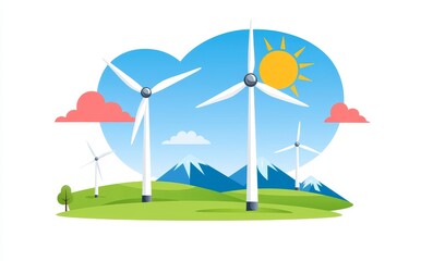 Symbolizing sustainable energy, wind turbines stand out against a colorful landscape.