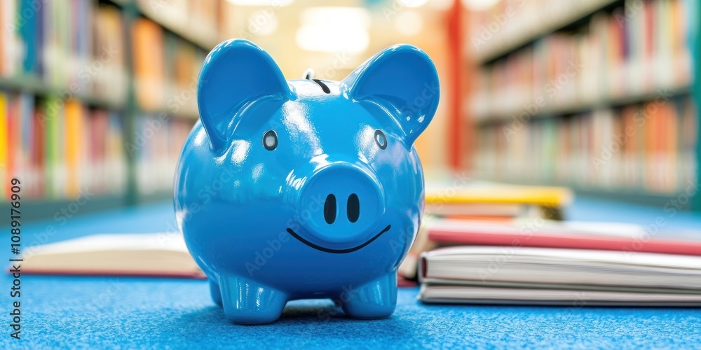 Aufkleber a blue piggy bank sits on a carpeted floor in a library, surrounded by books.