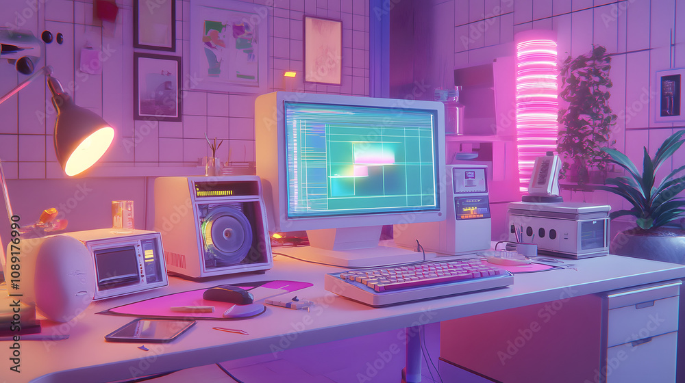 Aufkleber a nostalgic ai research lab filled with 80s decor, 3d-rendered tech gadgets, and 2d illustrations of