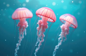 A serene group of pink jellyfish floats gracefully in the calm turquoise waters, their delicate tentacles trailing behind them like intricate lace