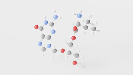 valganciclovir molecule 3d, molecular structure, ball and stick model, structural chemical formula antiviral drug
