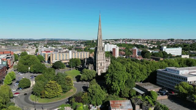 Aerial footage of St Mary Redcliffe Church in the city of Bristol in southwest of England, UK