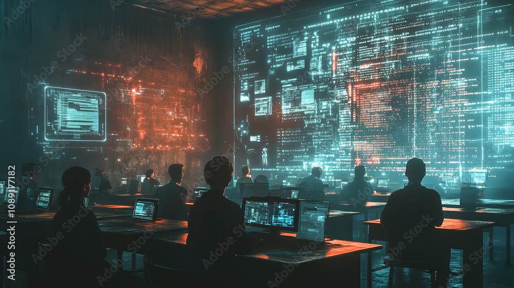 Aufkleber A vintage computer classroom in 3D, with students interacting with 2D holographic projections of AI programming code. 4k resolution, Cinematic Scene