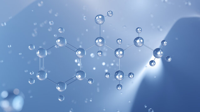 pseudoephedrine molecular structure, 3d model molecule, sympathomimetic medication, structural chemical formula view from a microscope