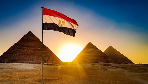 夕日に照らされたエジプトのギザの大ピラミッドとエジプトの国旗（The Great Pyramid of Giza, Egypt and the Egyptian flag illuminated by the setting sun.）
