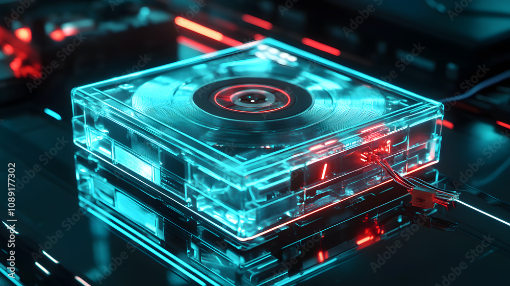 Poster a cassette player wired into an ai-powered device, rendered in 3d, with 2d neon effects of sound wav