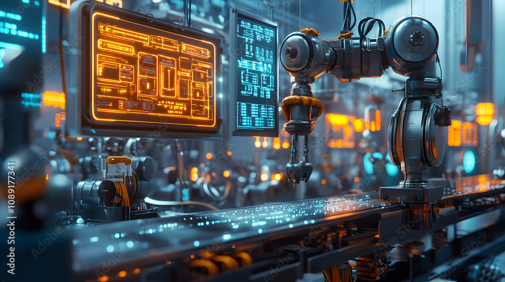 Aufkleber A retro robot factory in 3D, where machines are assembled with glowing 2D overlays of AI schematics. 4k resolution, Cinematic Scene