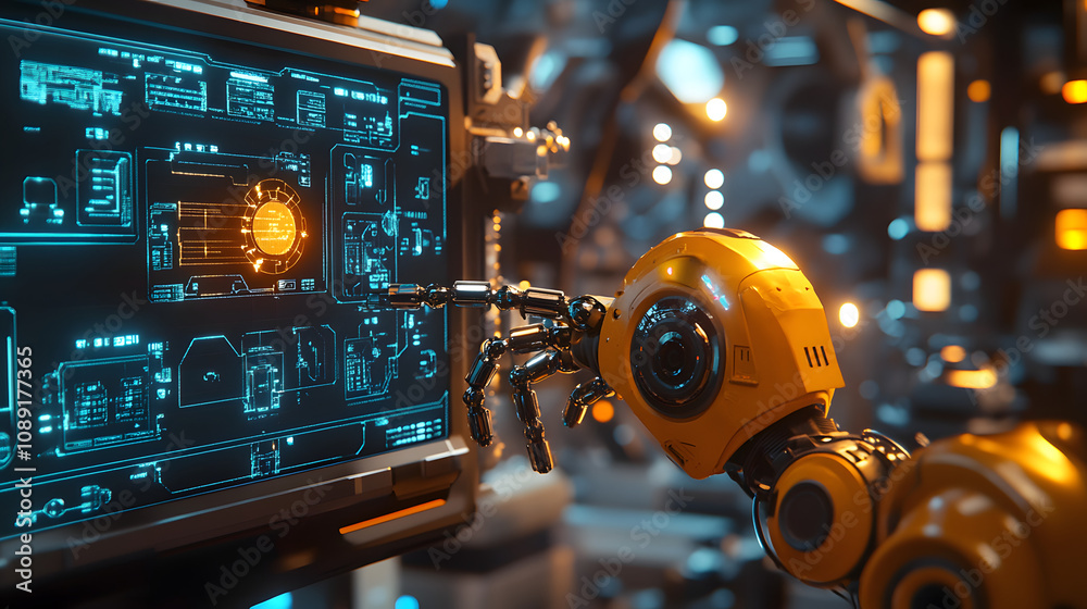 Poster A retro robot factory in 3D, where machines are assembled with glowing 2D overlays of AI schematics. 4k resolution, Cinematic Scene