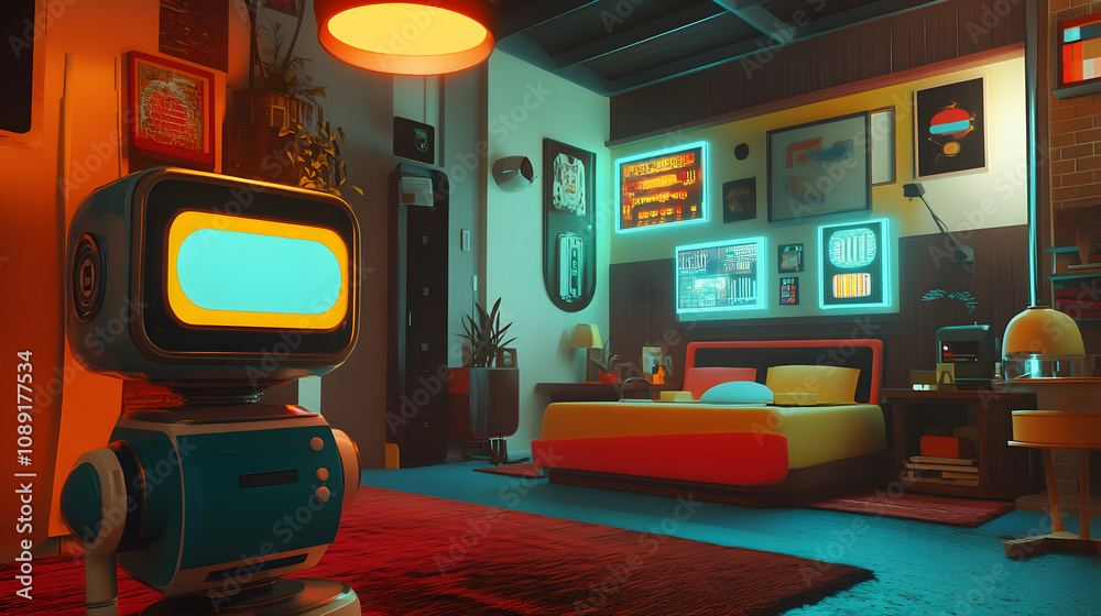 Poster A 70s-style home with a robotic AI assistant in 3D, surrounded by 2D vintage graphics and interactive holograms. 4k resolution, Cinematic Scene